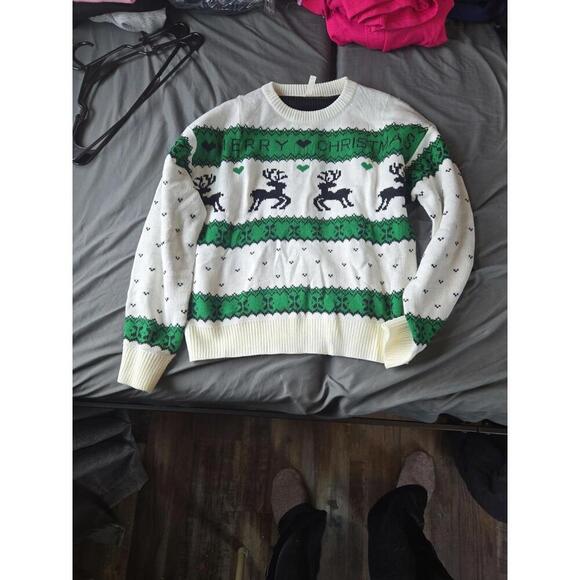 Sweaters - Festive Merry Christmas Reindeer Knit Sweater - Green and White